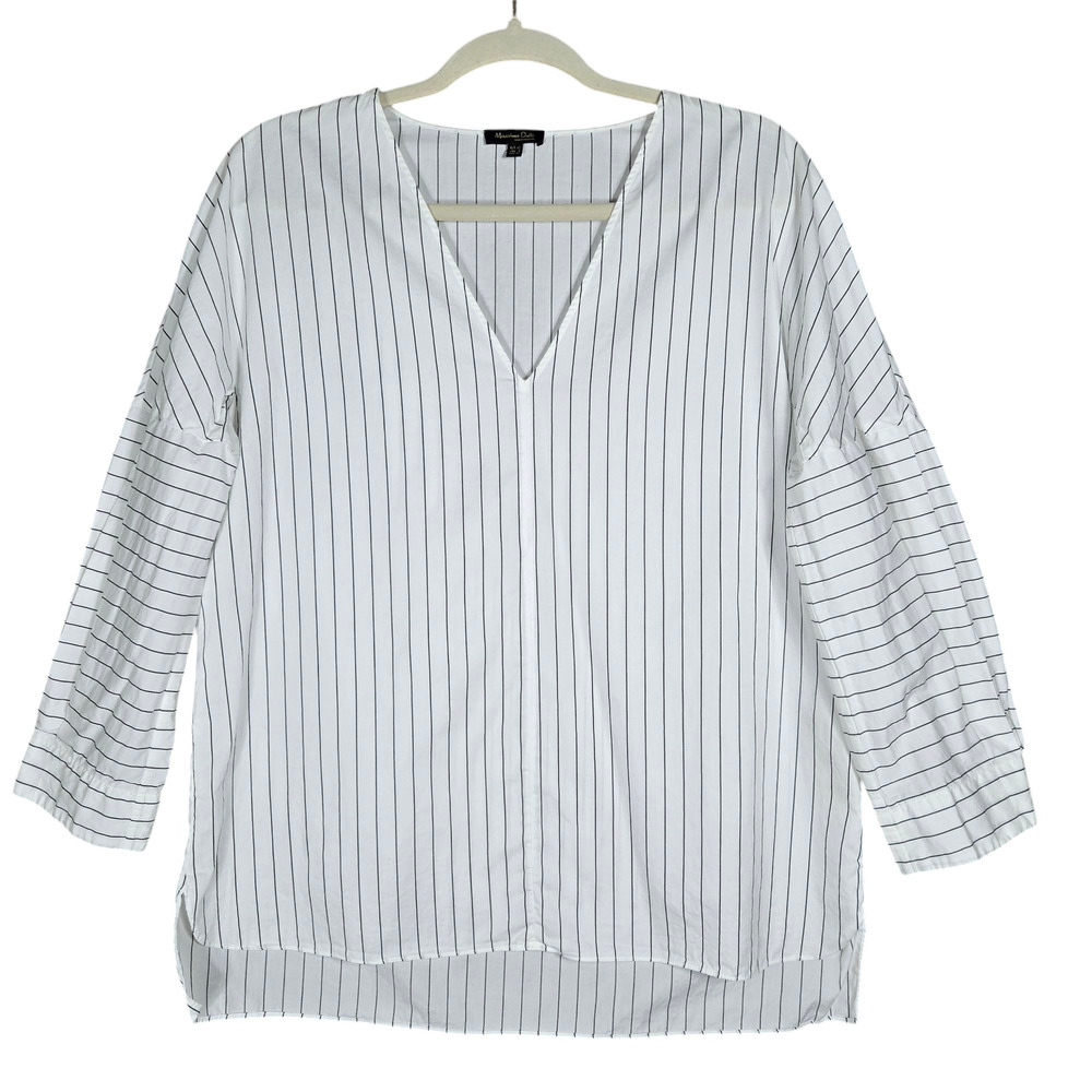 Massimo Dutti Top Women 8‎ V Neck Cotton Poplin Popover Striped Business Casual